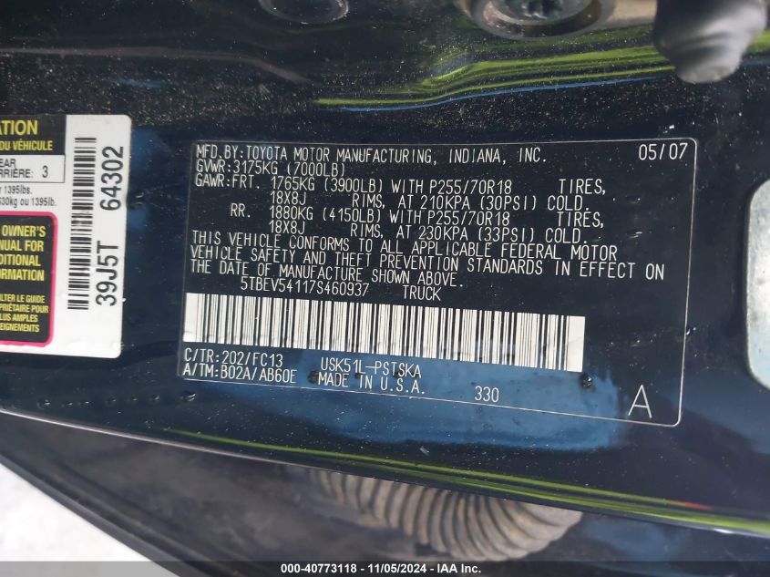 2007 Toyota Tundra Sr5 5.7L V8 VIN: 5TBEV54117S460937 Lot: 43032953
