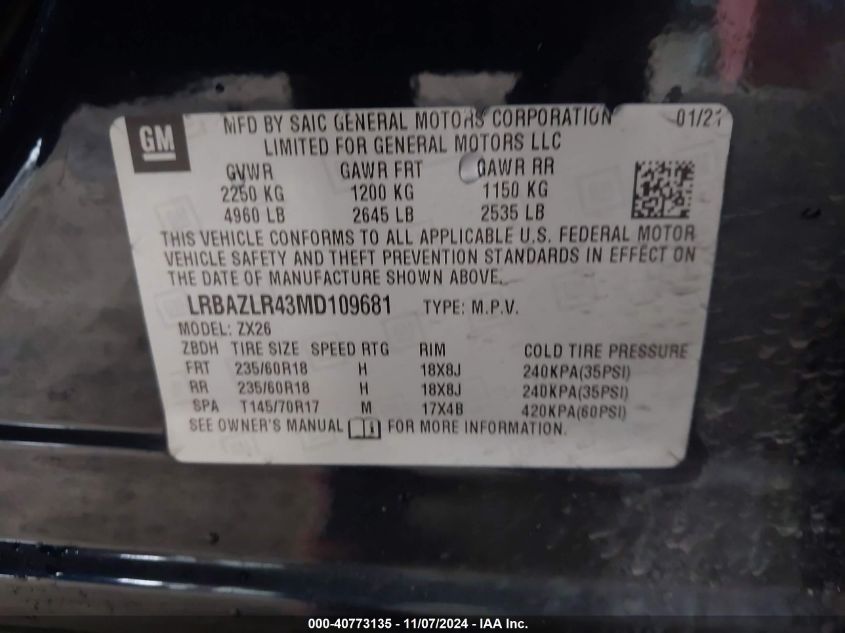 2021 Buick Envision Fwd Preferred VIN: LRBAZLR43MD109681 Lot: 40773135