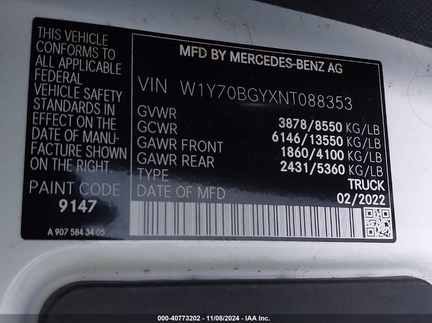 2022 Mercedes-Benz Sprinter 1500 Standard Roof I4 VIN: W1Y70BGYXNT088353 Lot: 40773202