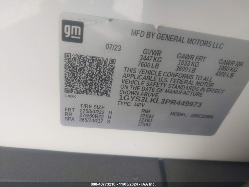2023 Cadillac Escalade Esv 2Wd Premium Luxury VIN: 1GYS3LKL3PR449973 Lot: 40773210