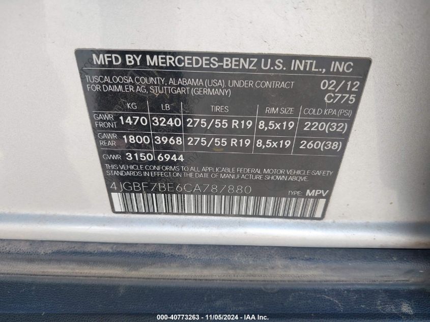 2012 Mercedes-Benz Gl 450 4Matic VIN: 4JGBF7BE6CA787880 Lot: 40773263