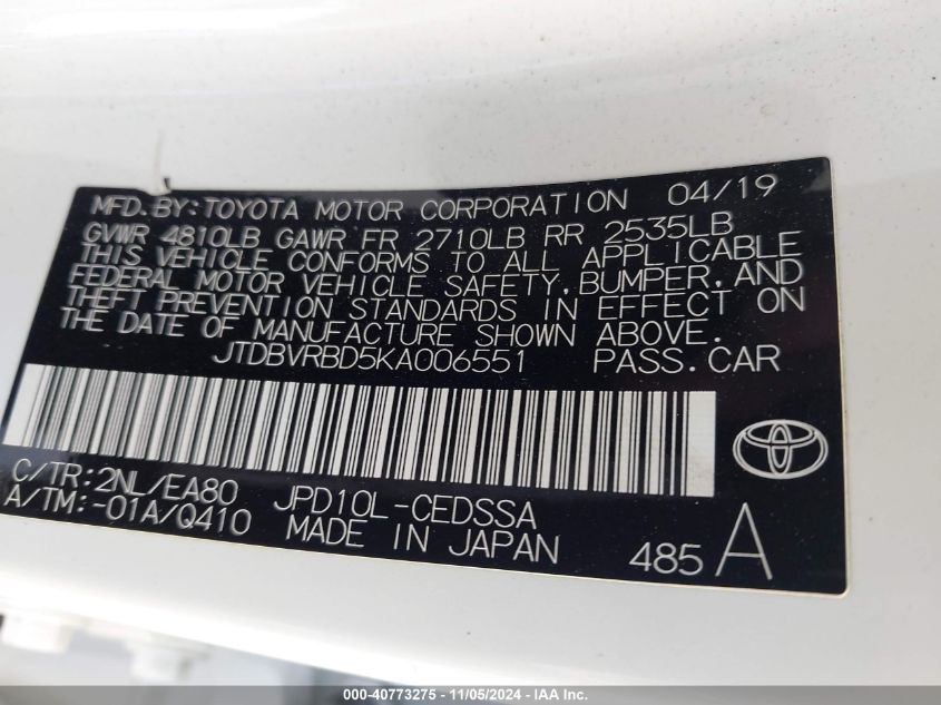 2019 Toyota Mirai VIN: JTDBVRBD5KA006551 Lot: 40773275