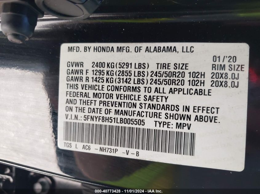 2020 Honda Passport Awd Ex-L VIN: 5FNYF8H51LB005505 Lot: 40773428