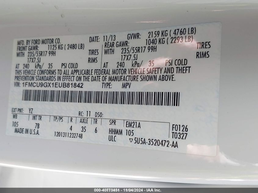 2014 Ford Escape Se VIN: 1FMCU9GX1EUB81842 Lot: 40773451