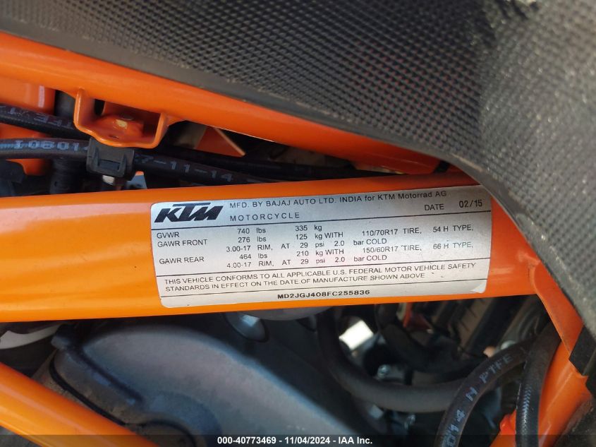 2015 Ktm Rc 390 VIN: MD2JGJ408FC255836 Lot: 40773469