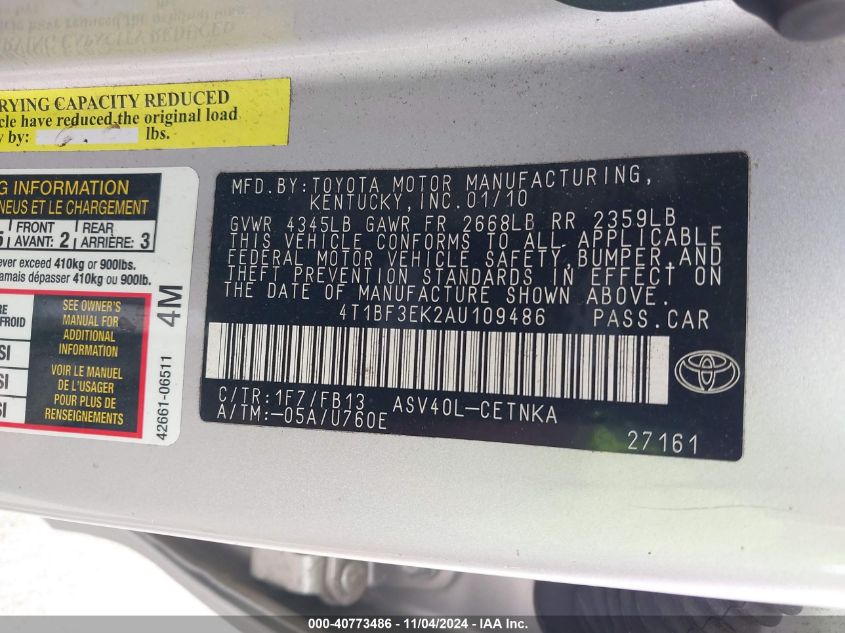 2010 Toyota Camry Se/Le/Xle VIN: 4T1BF3EK2AU109486 Lot: 40773486