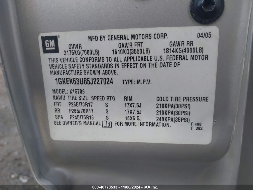 2005 GMC Yukon Denali VIN: 1GKEK63U85J227024 Lot: 40773533