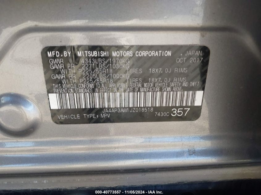 VIN JA4AP3AW1JZ018518 2018 MITSUBISHI OUTLANDER SPORT 2.4 SE