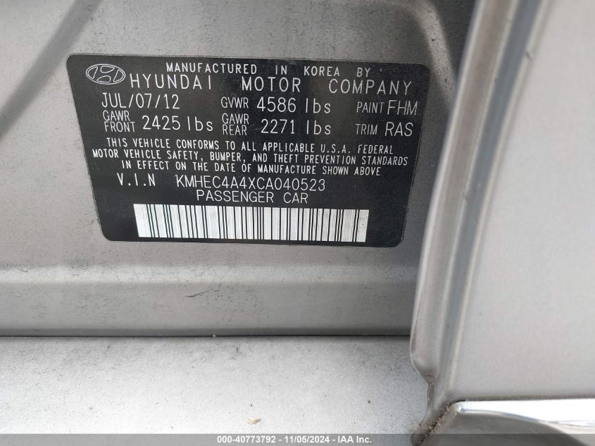 2012 Hyundai Sonata Hybrid VIN: KMHEC4A4XCA040523 Lot: 40773792