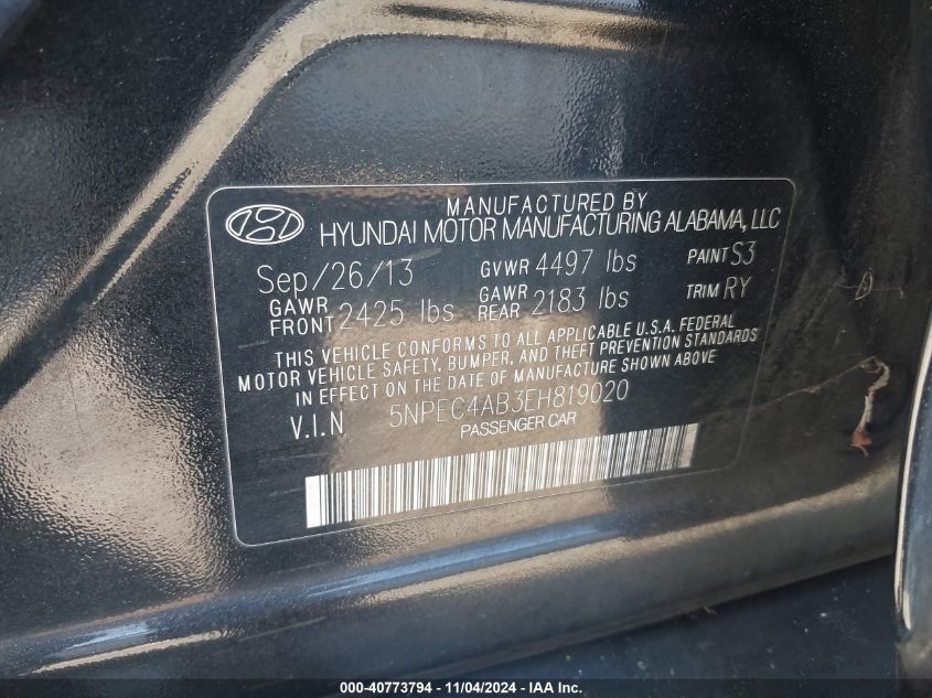 2014 Hyundai Sonata Limited VIN: 5NPEC4AB3EH819020 Lot: 40773794