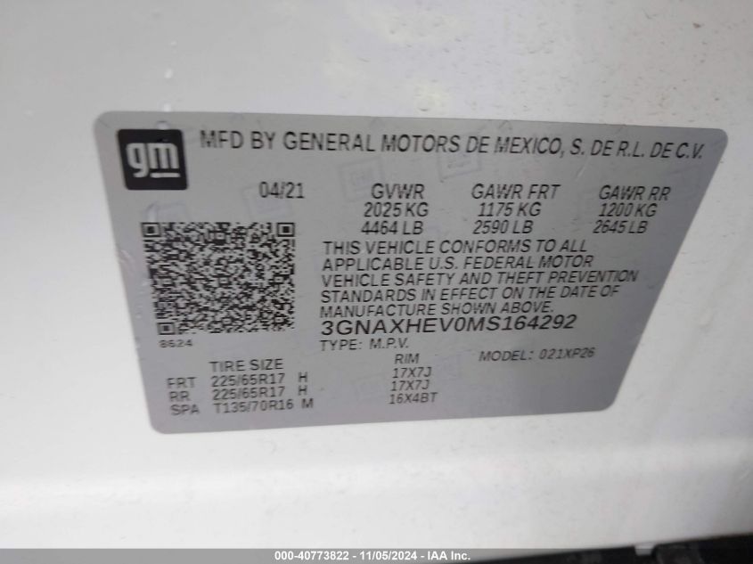 2021 Chevrolet Equinox Fwd Ls VIN: 3GNAXHEV0MS164292 Lot: 40773822