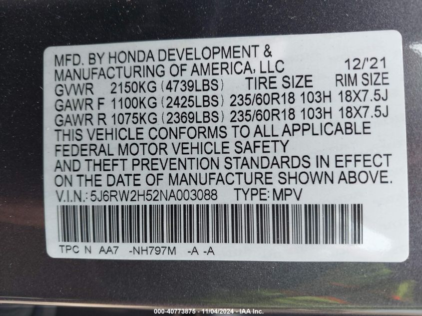 2022 Honda Cr-V Awd Ex VIN: 5J6RW2H52NA003088 Lot: 40773875