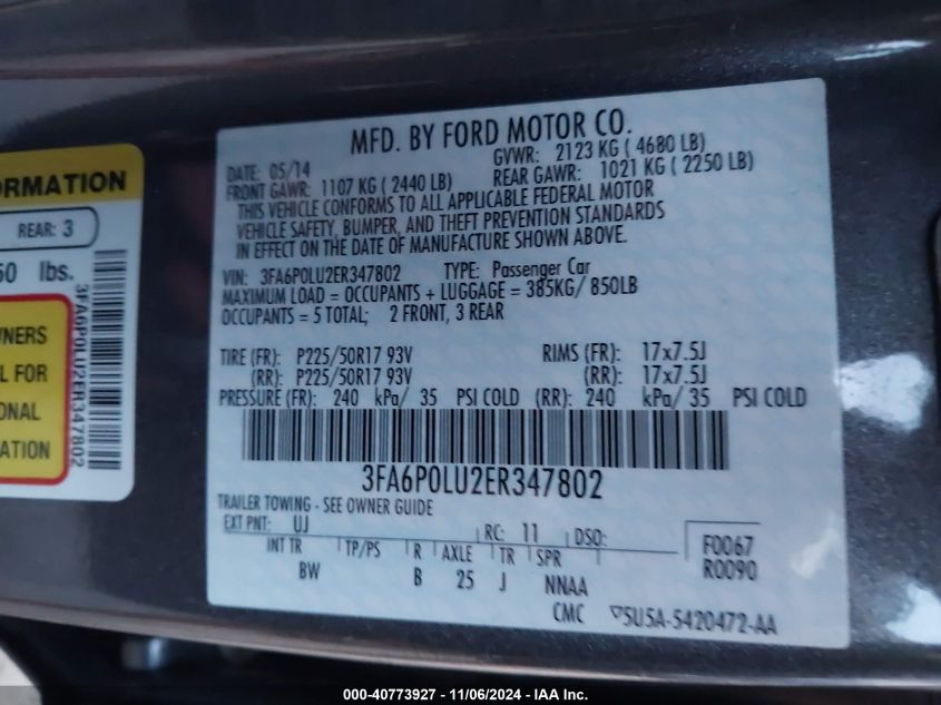 2014 Ford Fusion Hybrid Se VIN: 3FA6P0LU2ER347802 Lot: 40773927