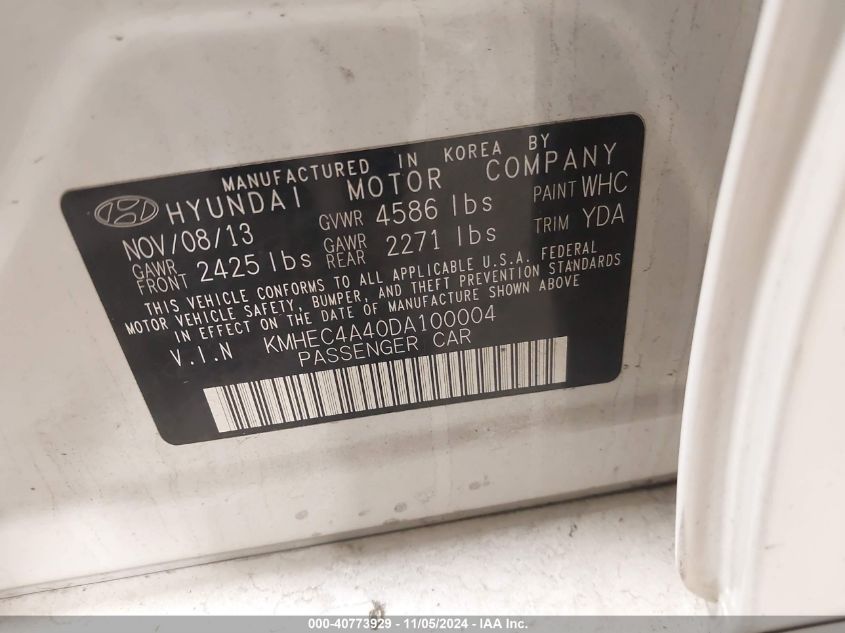 2013 Hyundai Sonata Hybrid Limited VIN: KMHEC4A40DA100004 Lot: 40773929