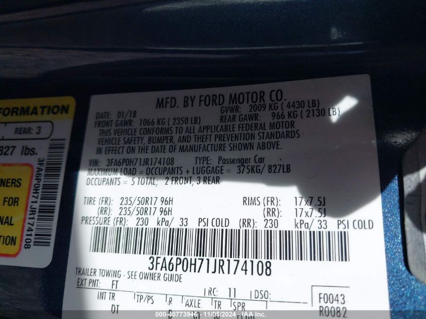 VIN 3FA6P0H71JR174108 2018 Ford Fusion, SE no.9