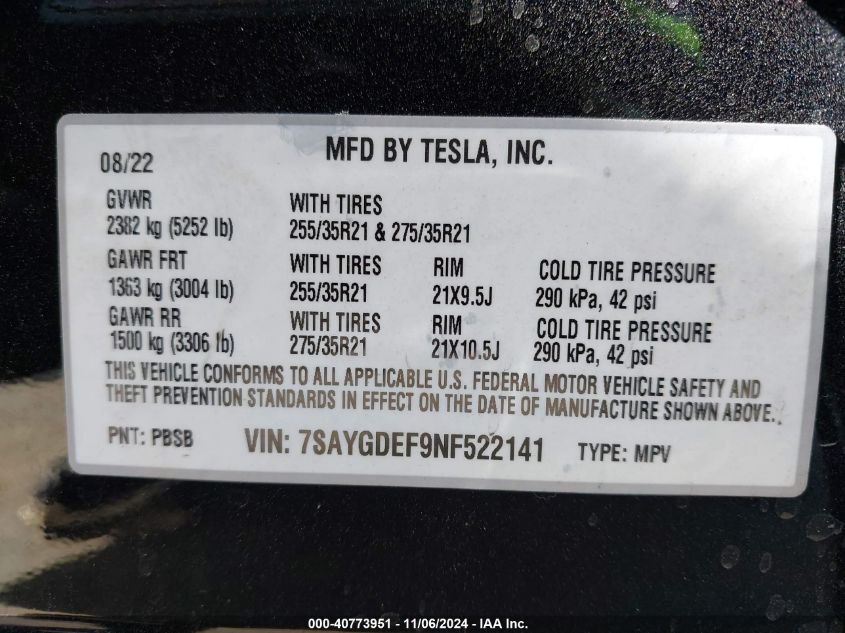 2022 Tesla Model Y Performance Dual Motor All-Wheel Drive VIN: 7SAYGDEF9NF522141 Lot: 40773951