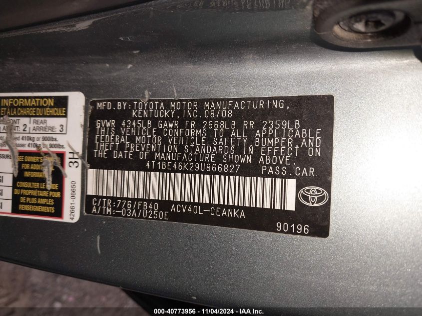 2009 Toyota Camry Le VIN: 4T1BE46K29U866827 Lot: 40784390