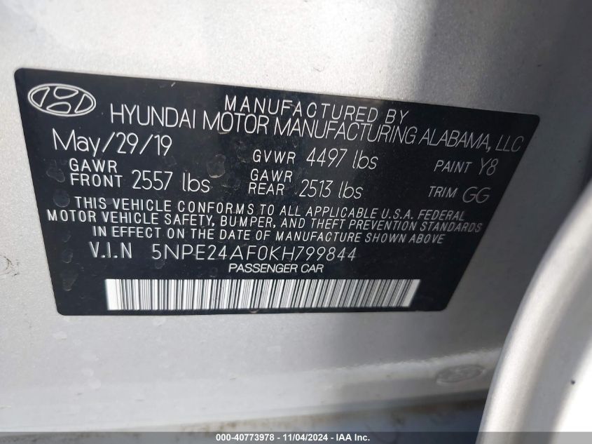 2019 Hyundai Sonata Se VIN: 5NPE24AF0KH799844 Lot: 40773978