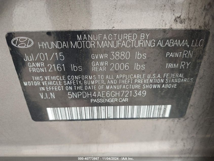 2016 HYUNDAI ELANTRA VIN: 5NPDH4AE6GH721349