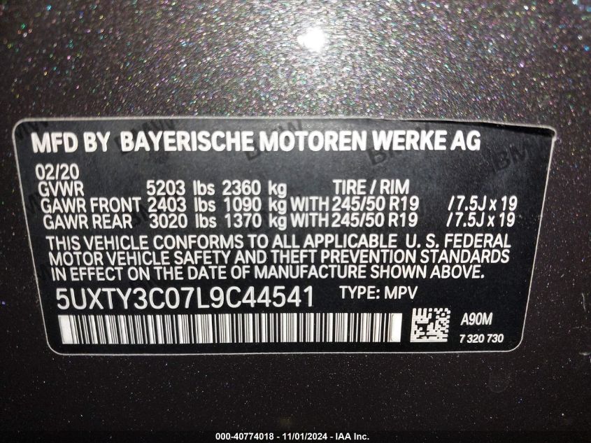 2020 BMW X3 Sdrive30I VIN: 5UXTY3C07L9C44541 Lot: 40774018