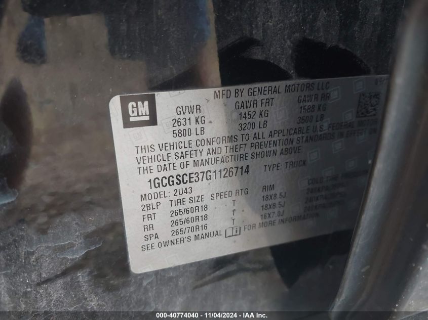 2016 Chevrolet Colorado Lt VIN: 1GCGSCE37G1126714 Lot: 40774040