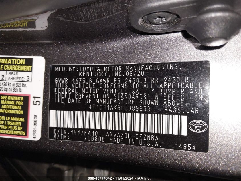 2020 TOYOTA CAMRY VIN: 4T1C11AK8LU389639