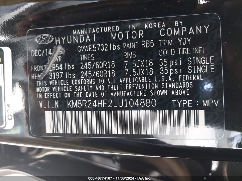 2020 Hyundai Palisade Sel VIN: KM8R24HE2LU104880 Lot: 40774107