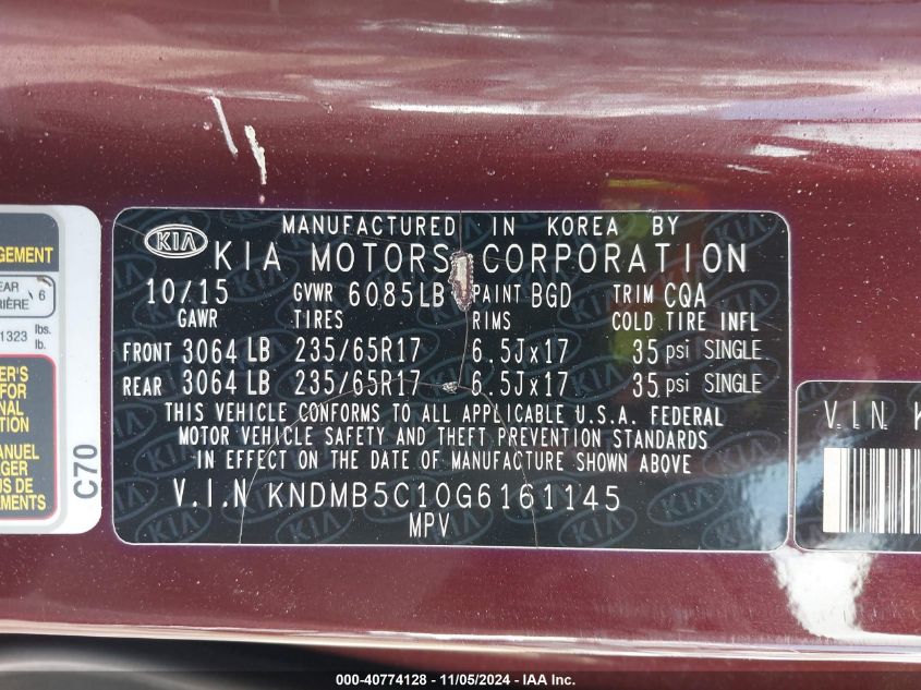 2016 Kia Sedona Lx VIN: KNDMB5C10G6161145 Lot: 40774128