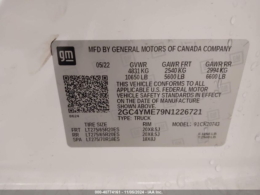 2022 Chevrolet Silverado 2500Hd VIN: 2GC4YME79N12267 Lot: 40774161