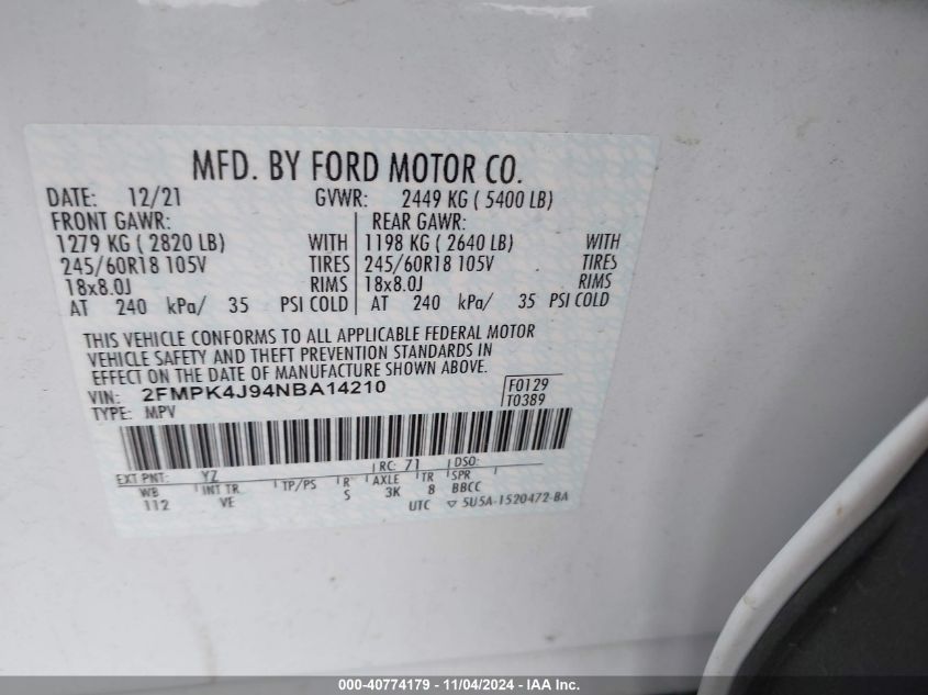 2022 Ford Edge Sel VIN: 2FMPK4J94NBA14210 Lot: 40774179