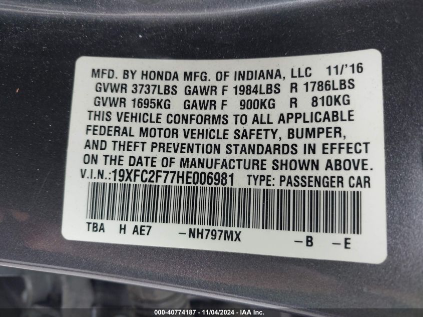 2017 Honda Civic Ex VIN: 19XFC2F77HE006981 Lot: 40774187