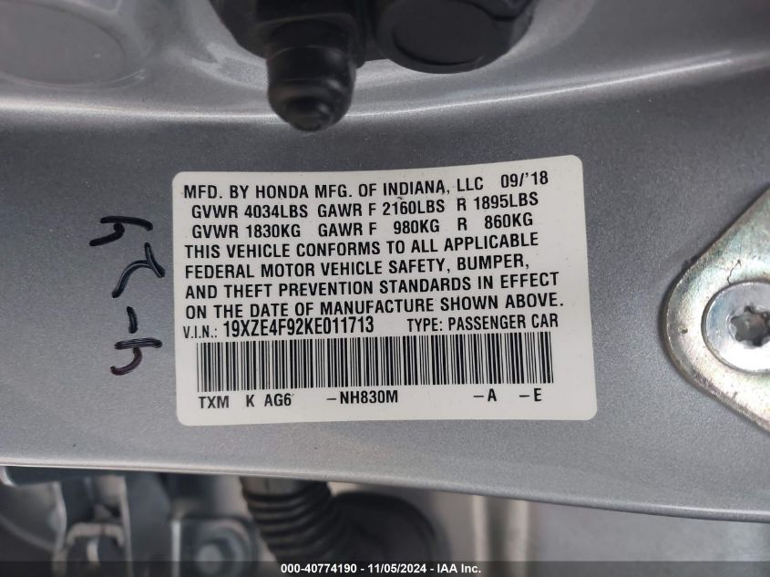 2019 Honda Insight Touring VIN: 19XZE4F92KE011713 Lot: 40774190