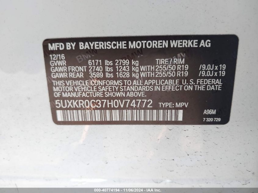 VIN 5UXKR0C37H0V74772 2017 BMW X5, Xdrive35I no.9