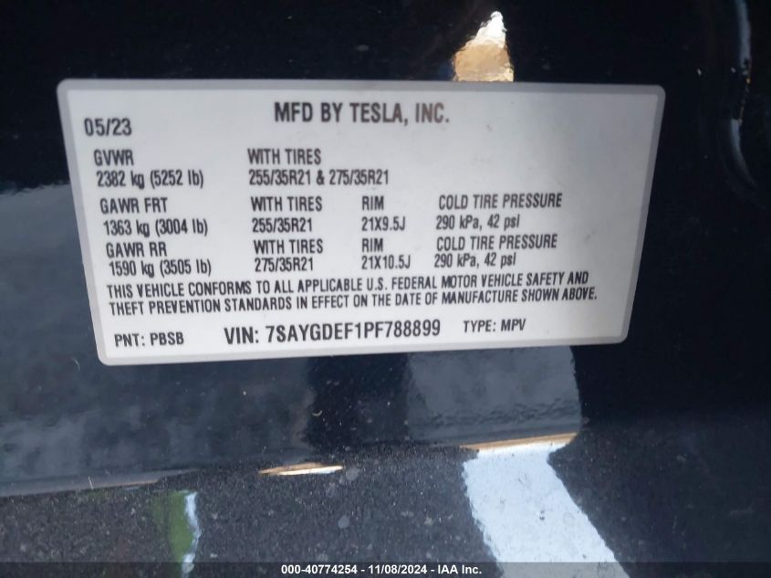 2023 Tesla Model Y Performance Dual Motor All-Wheel Drive VIN: 7SAYGDEF1PF788899 Lot: 40774254