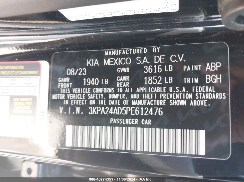 2023 Kia Rio S VIN: 3KPA24AD5PE612476 Lot: 40774351