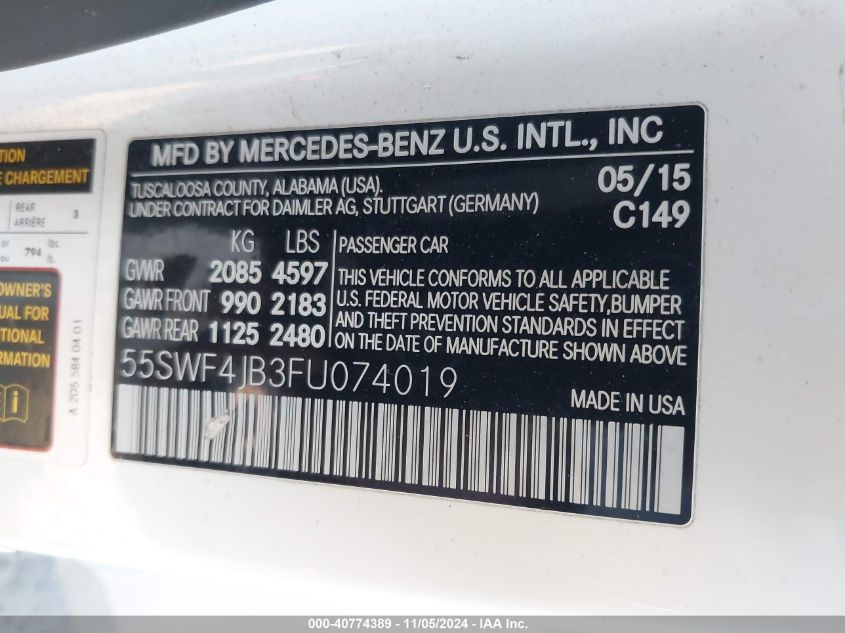 2015 Mercedes-Benz C 300 Luxury/Sport VIN: 55SWF4JB3FU074019 Lot: 40774389