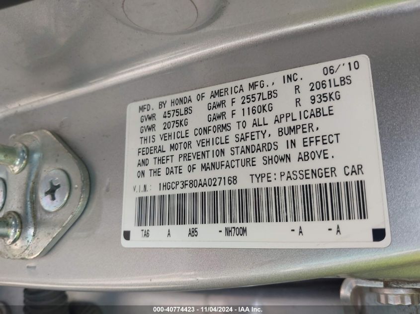 2010 Honda Accord 3.5 Ex-L VIN: 1HGCP3F80AA027168 Lot: 40774423