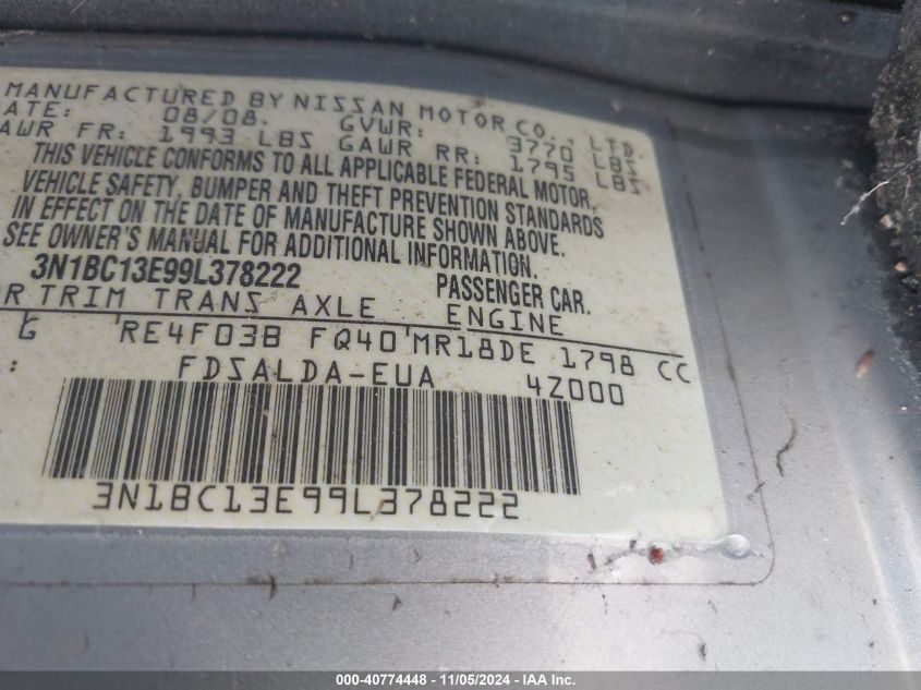 2009 NISSAN VERSA VIN: 3N1BC13E99L378222