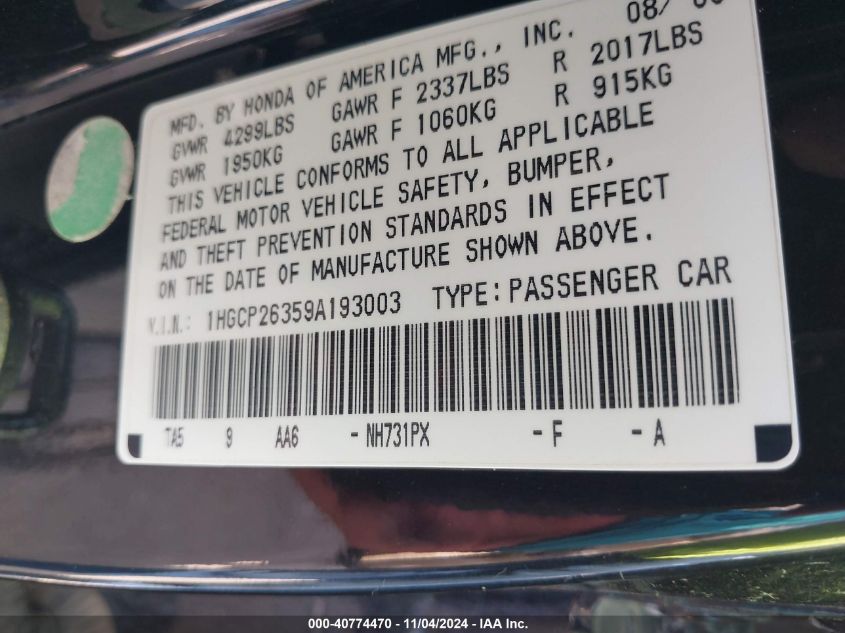 2009 Honda Accord 2.4 Lx VIN: 1HGCP26359A193003 Lot: 40774470