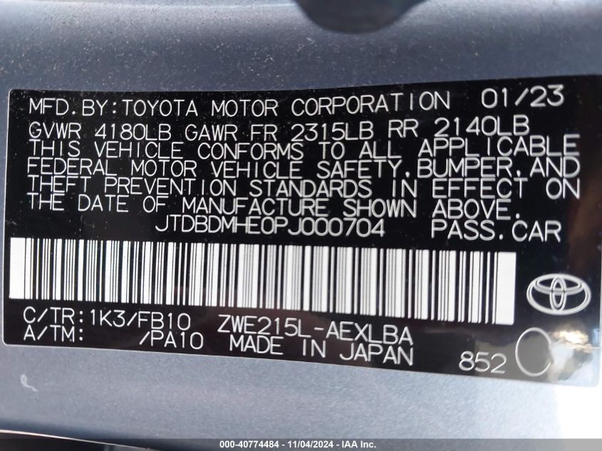 2023 Toyota Corolla Hybrid Le VIN: JTDBDMHE0PJ000704 Lot: 40774484