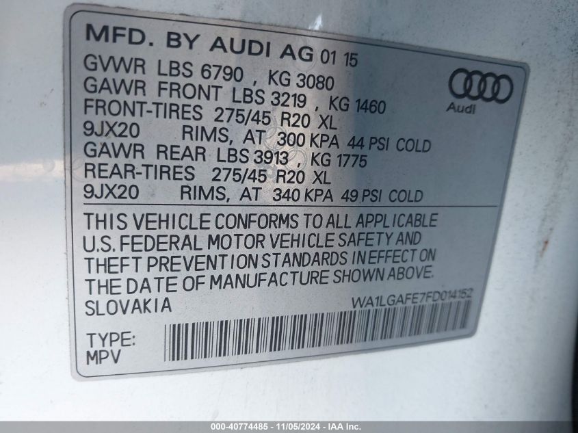 2015 Audi Q7 3.0T Premium VIN: WA1LGAFE7FD014152 Lot: 40774485