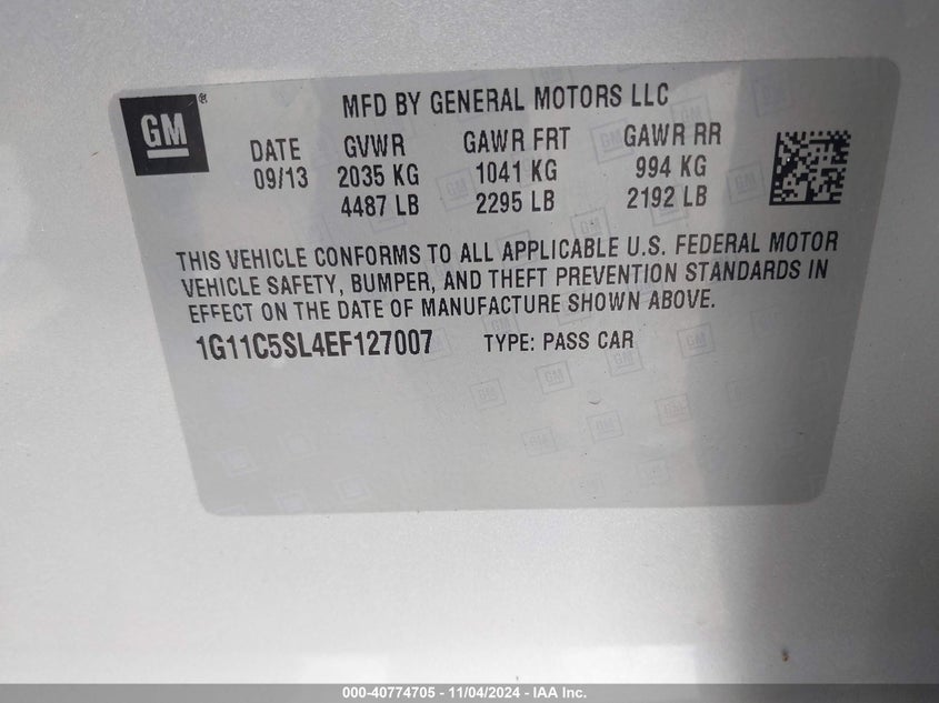 2014 Chevrolet Malibu 1Lt VIN: 1G11C5SL4EF127007 Lot: 40774705