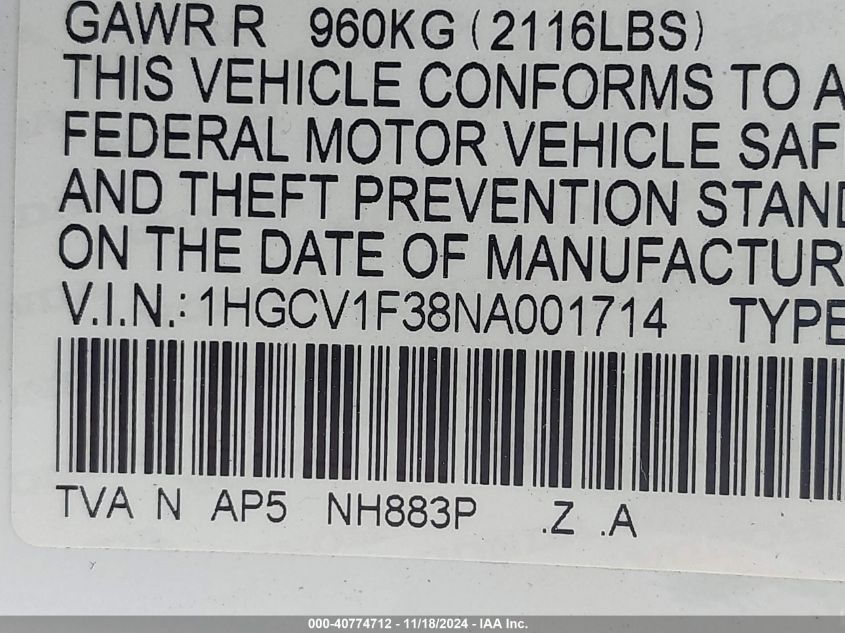 2022 Honda Accord Sport VIN: 1HGCV1F38NA001714 Lot: 40774712