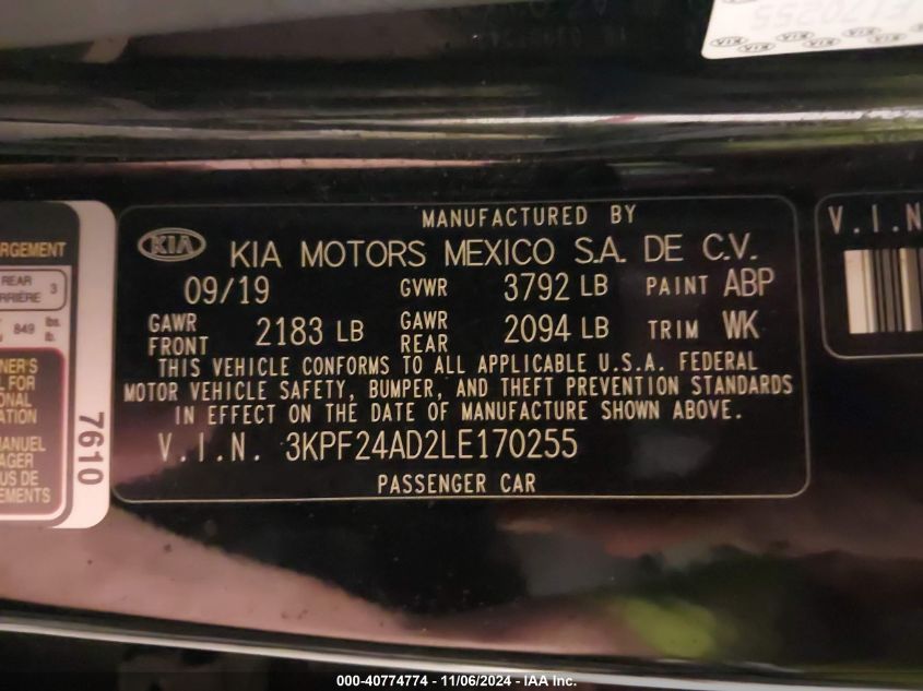 2020 Kia Forte Lxs VIN: 3KPF24AD2LE170255 Lot: 40774774