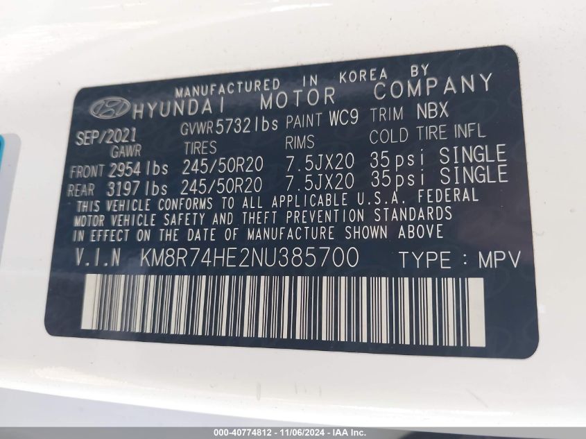 2022 Hyundai Palisade Calligraphy VIN: KM8R74HE2NU385700 Lot: 40774812