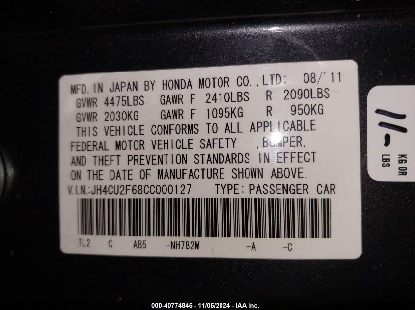 2012 Acura Tsx 2.4 VIN: JH4CU2F68CC000127 Lot: 40774845