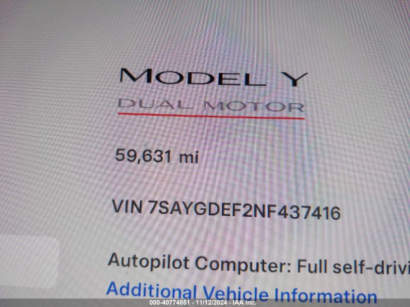 2022 TESLA MODEL Y PERFORMANCE DUAL MOTOR ALL-WHEEL DRIVE - 7SAYGDEF2NF437416