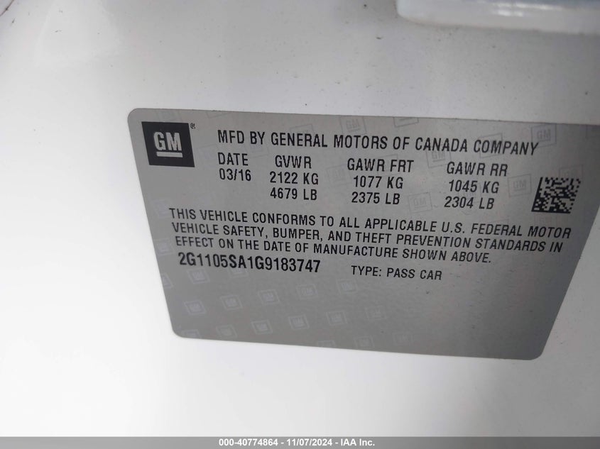 2016 CHEVROLET IMPALA 1LT - 2G1105SA1G9183747