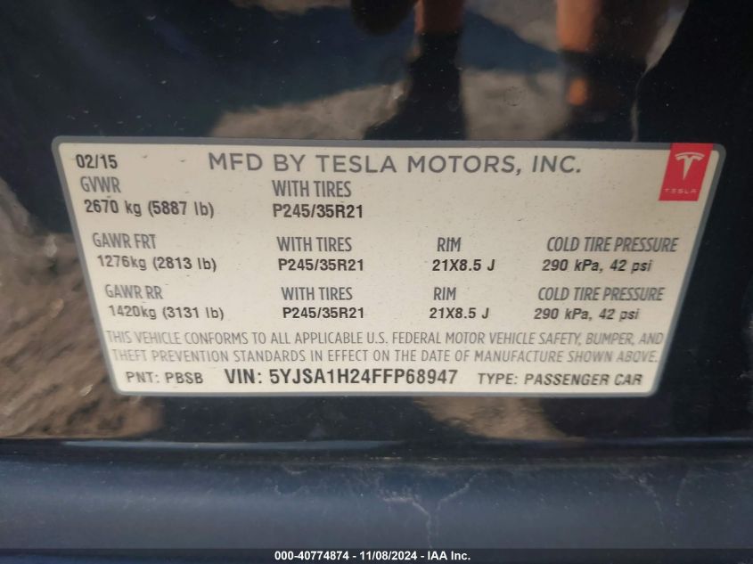 2015 Tesla Model S 70D/85D/P85D VIN: 5YJSA1H24FFP68947 Lot: 40774874