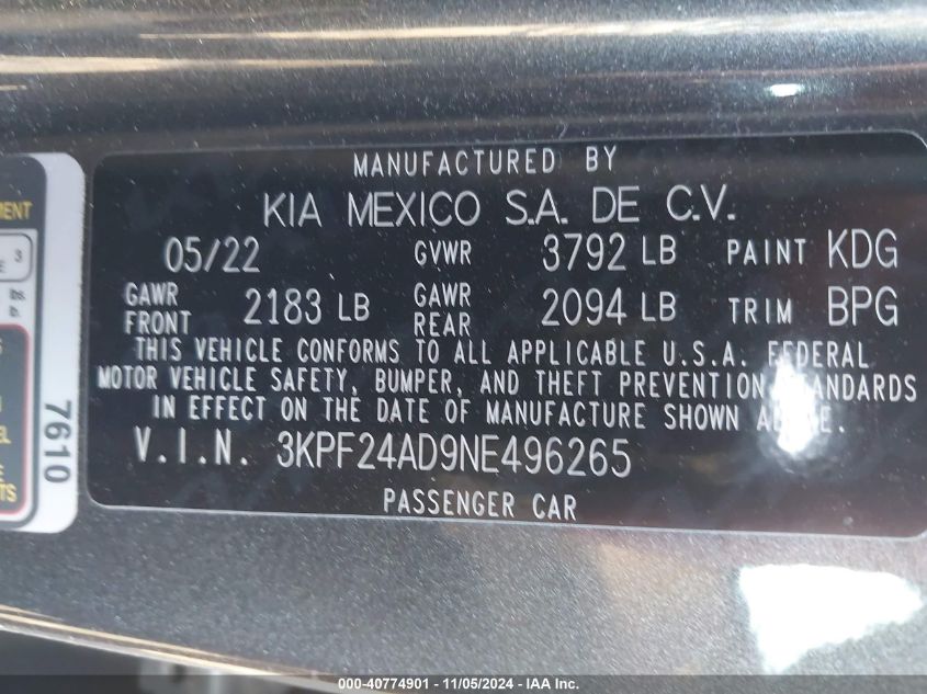 2022 Kia Forte Lxs VIN: 3KPF24AD9NE496265 Lot: 40774901